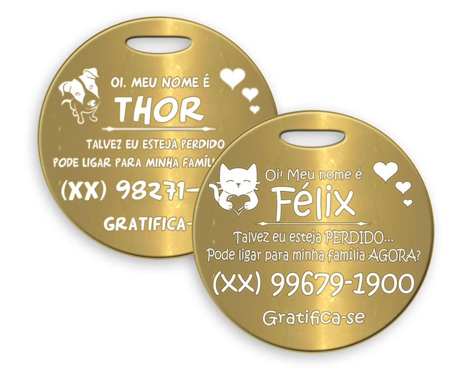 ❤ Placa Identificadora UNIFLEX para Cães e Gatos Banhada a Ouro